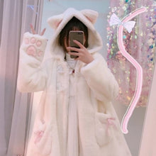 Load image into Gallery viewer, Winter Jacket Women Lolita Fleece-lined Thickened Girl Soft Fabric Kawaii Cat Ear Hat Claw Cute Plush White Coat Youthful Parka