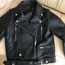 Load image into Gallery viewer, Ailegogo New Women Spring Autumn Black Faux Leather Jackets Zipper Basic Coat Turn-down Collar Motor Biker Jacket With Belt