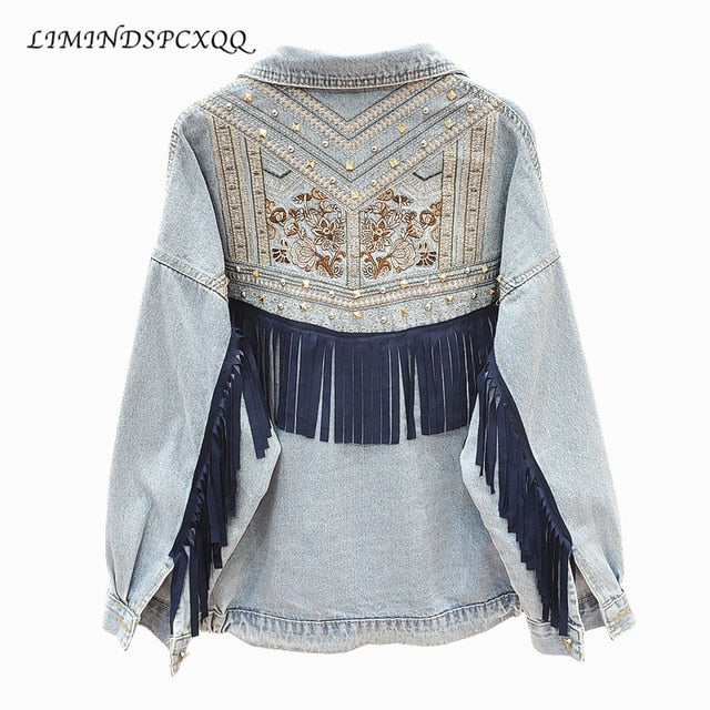 Denim Jacket Korean Floral Embroidery Suede Fringe Loose Chaquetas Mujer Coat Long Sleeve Outerwear Jacket Women Veste Femme