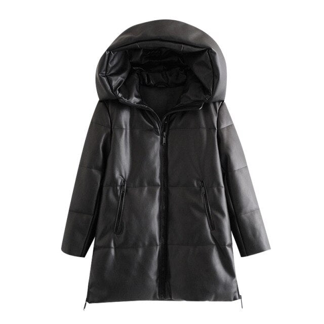 BBWM Women 2020 Winter Fashion Thick Warm Faux Leather Parkas Vintage Hooded Long Sleeve Padded Jacket Female Chic Overcoat