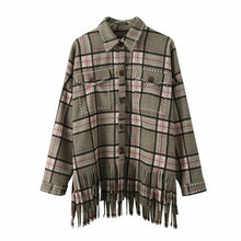 Load image into Gallery viewer, Vintage Chic Green Plaid Tassel Shirt Jacket Women Fashion Rivet Pockets Single Breasted Lapel Collar Coat Outerwear
