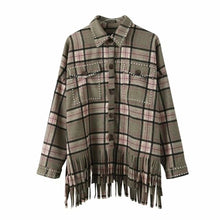 Load image into Gallery viewer, Vintage Chic Green Plaid Tassel Shirt Jacket Women Fashion Rivet Pockets Single Breasted Lapel Collar Coat Outerwear
