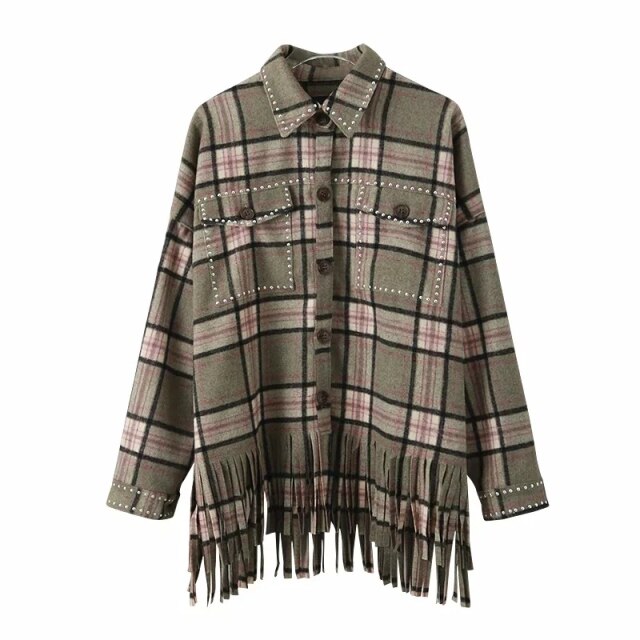 Vintage Chic Green Plaid Tassel Shirt Jacket Women Fashion Rivet Pockets Single Breasted Lapel Collar Coat Outerwear