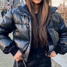 Load image into Gallery viewer, Winter Women&#39;s jacket Warm Short Parka Female Fashion Black PU Leather Coats Ladies Elegant Zipper Cotton Jackets Women
