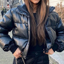 Load image into Gallery viewer, Winter Women&#39;s jacket Warm Short Parka Female Fashion Black PU Leather Coats Ladies Elegant Zipper Cotton Jackets Women
