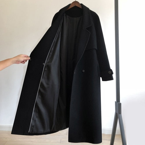 2020 Autumn Winter Black woolen Coat Women's Clothing fashion Women Jacket loose belt long overcoat female casual wool Coat