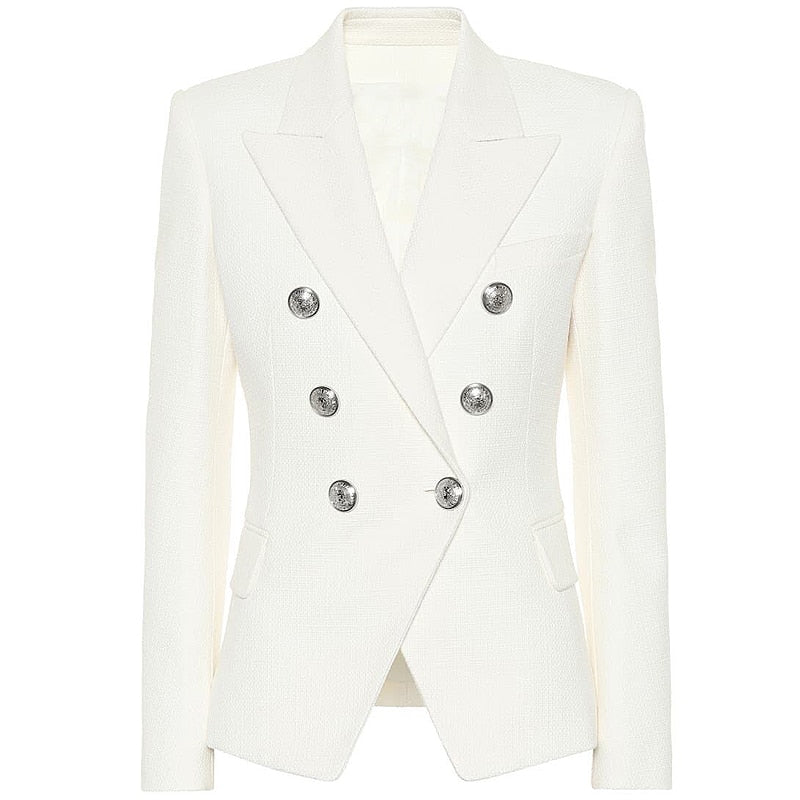 HIGH STREET 2021 Classic Designer Blazer Women's Double Breasted Metal Lion Silver Buttons Pique Blazer Jacket