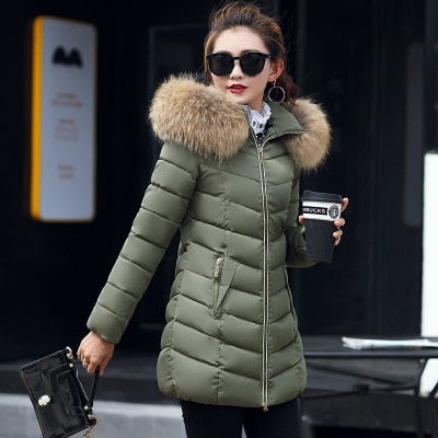 Women's Down Jacket 2020 Winter Woman Korean Style Long Zipper Slim Coats Big Fur Collar Hooded Padded Parka Jacket Female 2020