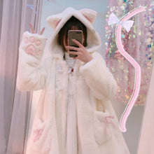 Load image into Gallery viewer, Winter Jacket Women Lolita Fleece-lined Thickened Girl Soft Fabric Kawaii Cat Ear Hat Claw Cute Plush White Coat Youthful Parka
