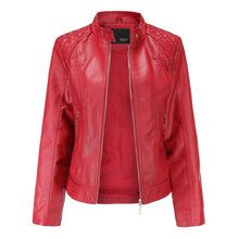 Load image into Gallery viewer, 2021 Leather Jacket Women Zippers Spring Autumn Women&#39;s PU Leather Jacket Mandarin Collar Red Motor Biker Coat Female Oversized
